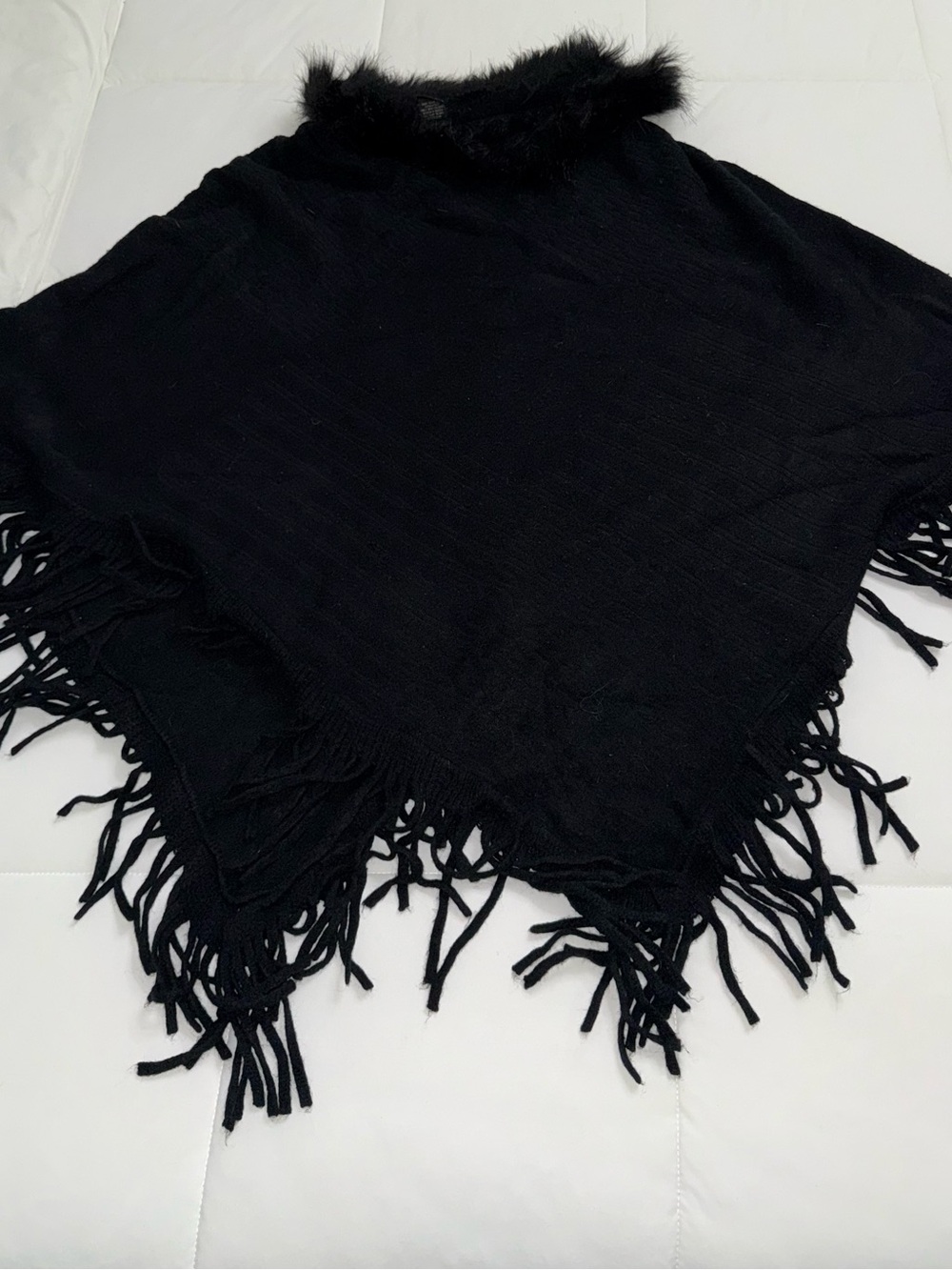 Black Faux Fur Trim Fringed Poncho